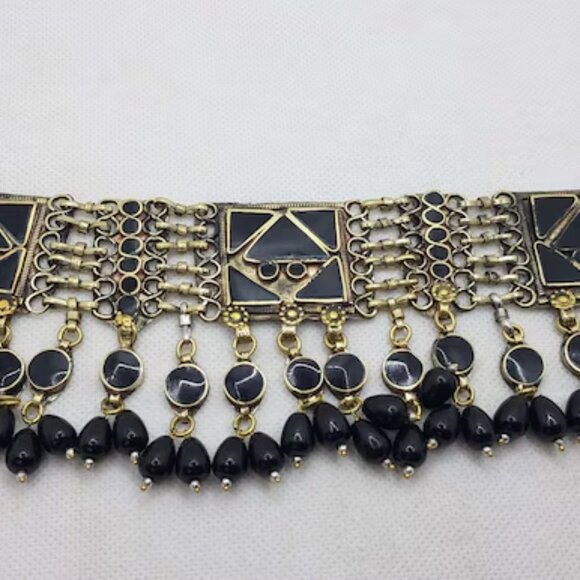 Afghan Choker Necklace With Dangling Beads, Afghan Kuchi Glass Stones Necklace, - Picture 5 of 5